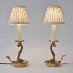 Pair bronze dolphins candlestick table lamps, Maison Charles, 1920`s French